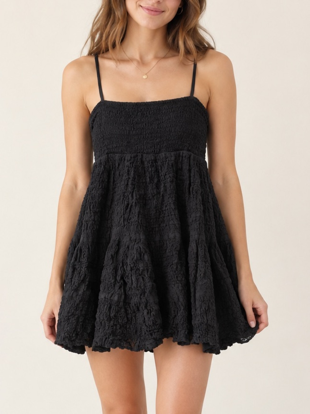 Zara Black Smocked Crinkle Babydoll Mini Dress